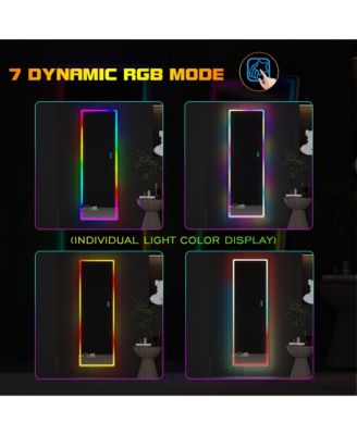 Wall-mounted or freestanding rectangular full-length mirror with adjustable RGB lighting.