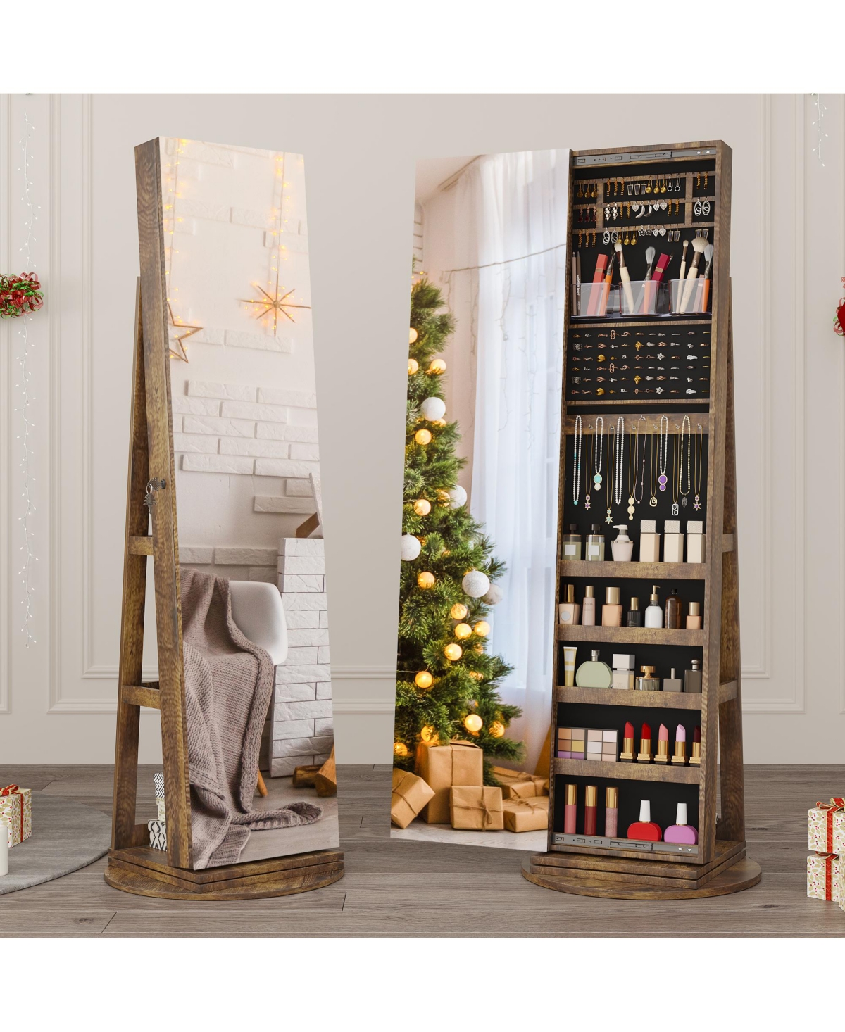 Vlsrka 360° Swivel Free-Standing Jewelry Armoire Cabinet with Mirror