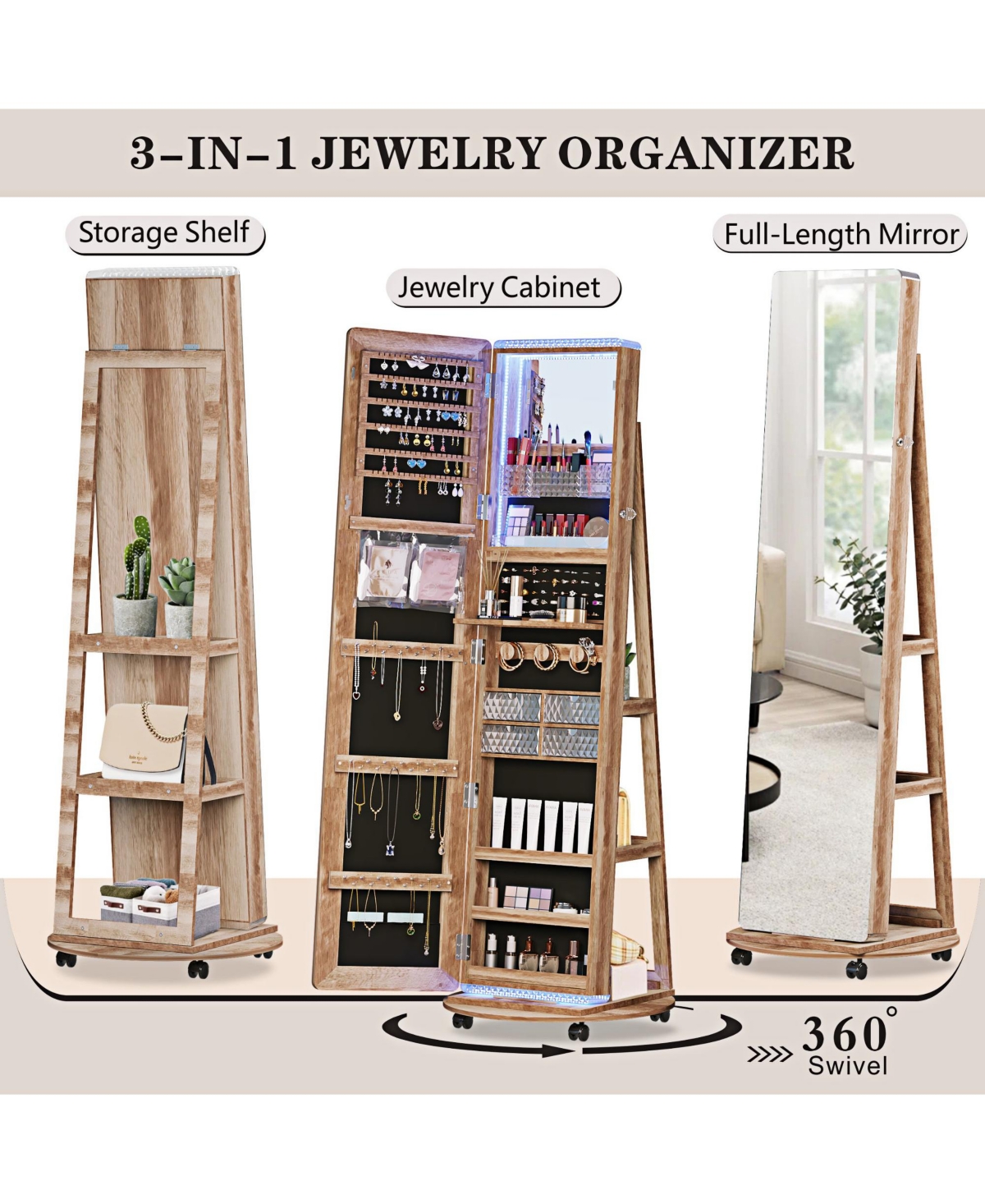 Vlsrka A 360° swivel standing jewelry mirror cabinet with storage shelves, full-length mirror, and Led lights.