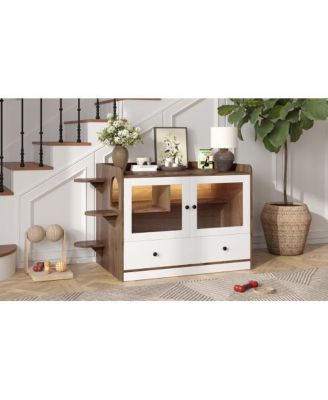 Cat Litter Box Cabinet with Drawer and Stairs Brown White
