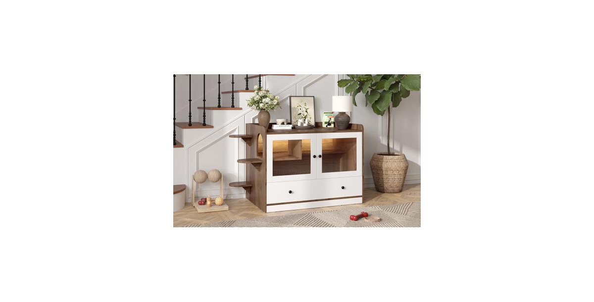 Aostirmotor Cat Litter Box Cabinet with Drawer and Stairs Brown White