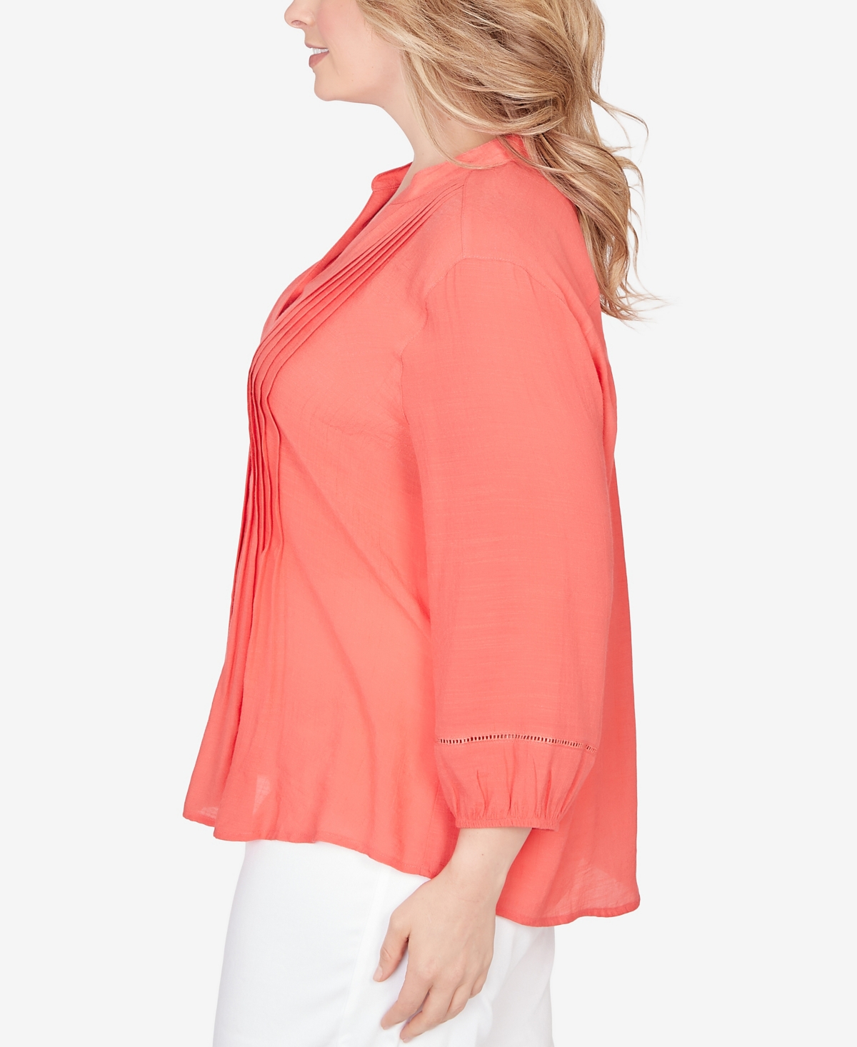 Ruby Rd. Plus Size Solid Silky Slub Pleated Button Front Top In Orange