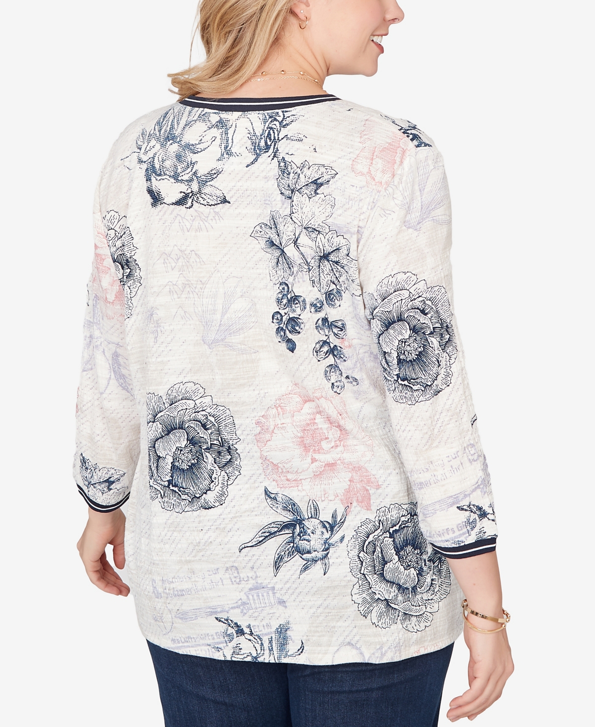 Ruby Rd. Plus Size Botanical Stamp Knit Twist Front Top In White