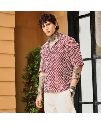 Men's Crimson Red Geometric-Crochet Cuban Oversized Shirt
