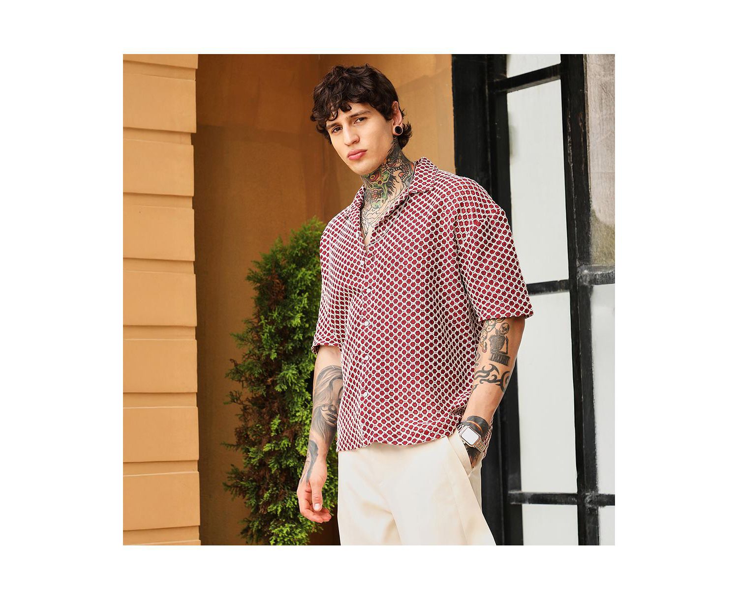 Men's Crimson Red Geometric-Crochet Cuban Oversized Shirt