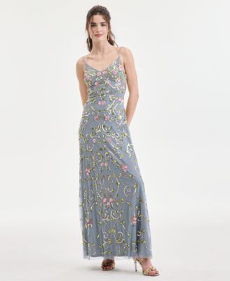 Juniors' Floral Sequin Sleeveless Mesh Gown