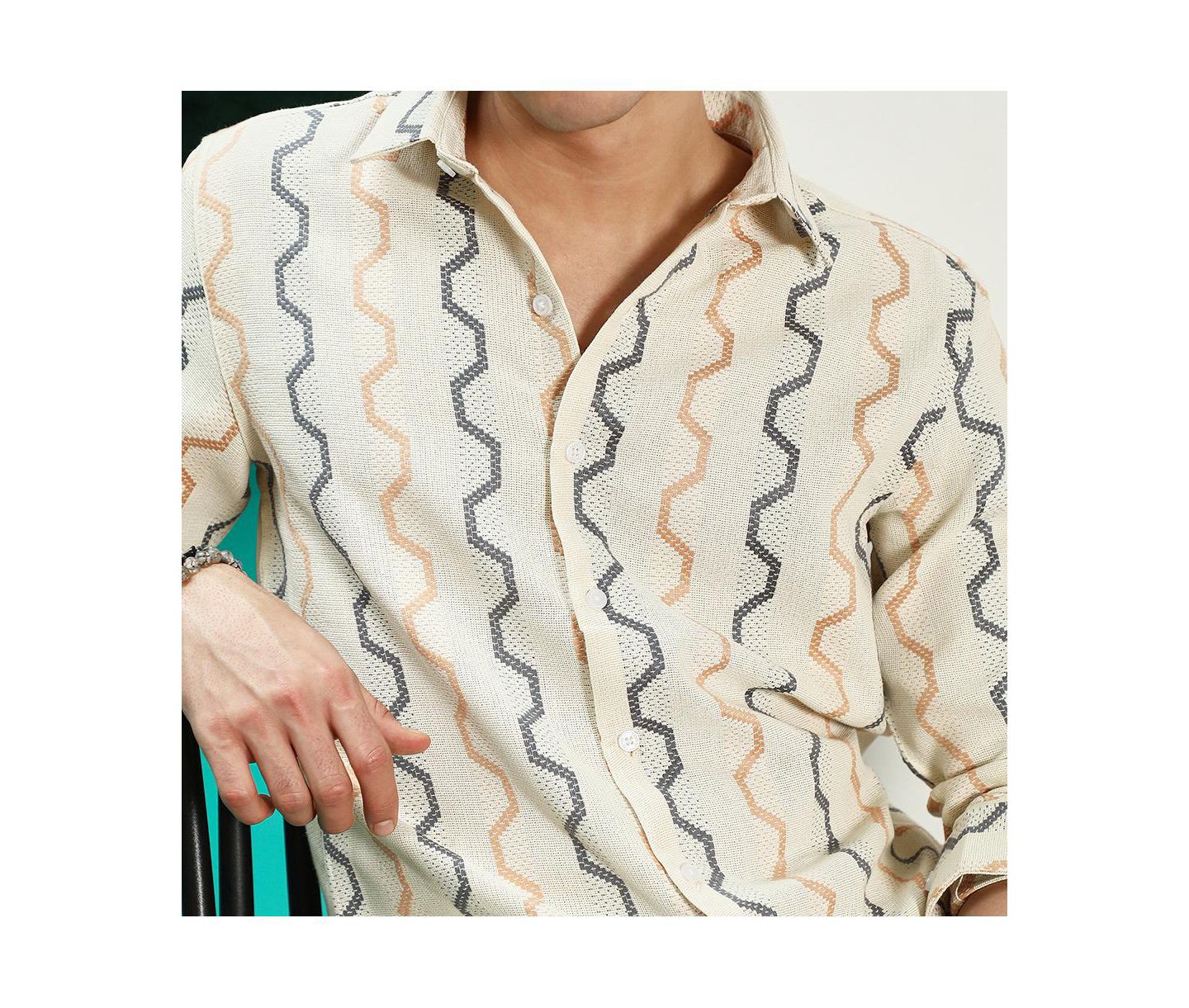 Мужская рубашка Cahoot Campus Sutra Off White Zigzag Pattern Full Sleeve Cotton Blend, цвет: Белый — фото 7