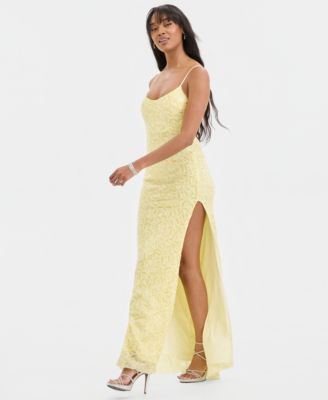 Juniors' Beaded High-Slit Gown