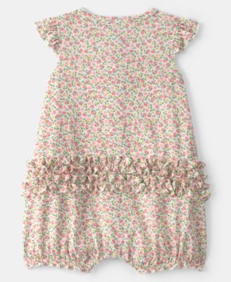 Baby Girls' Floral Printed and Ruffle Detailed Snap-Up Romper
