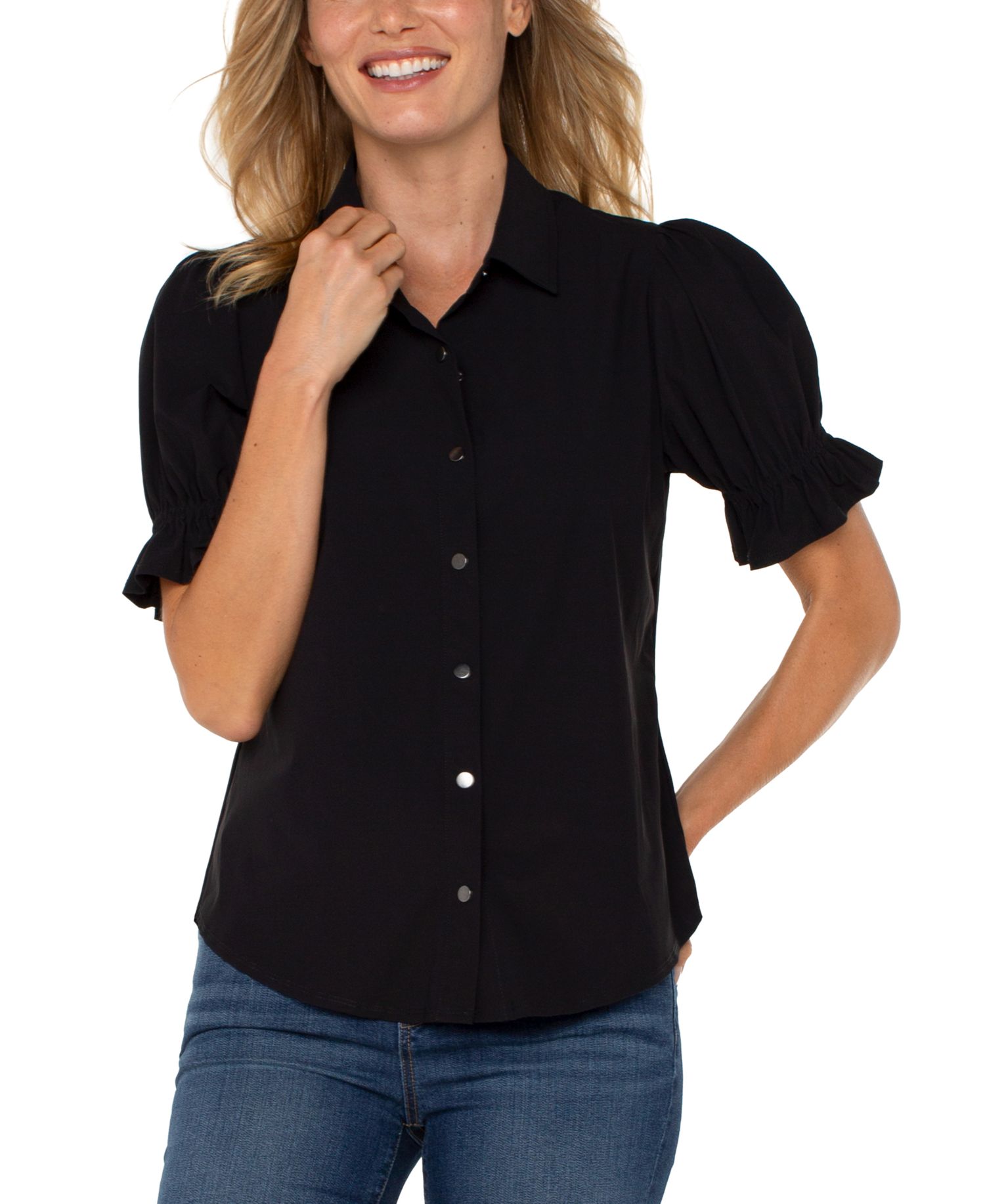 Women's Elbow Puff Sleeve Snap Front Collar Top
