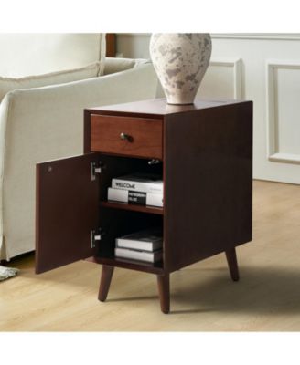 1Pc Mitch Mid-Century End Table with Storage Built-In Outlets & Cup Holder Tray Wood Side Table