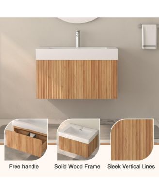 30" Bathroom Vanity – Wall-Mount Floating Cabinet, Acacia Plywood Finish, Integrated Sink & Basin