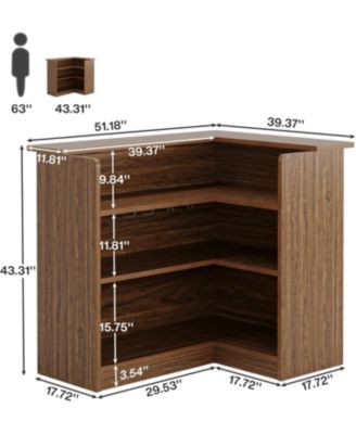 L-Shaped Kitchen Island, with Storage Shelves & Wine Glass Holder, Brown