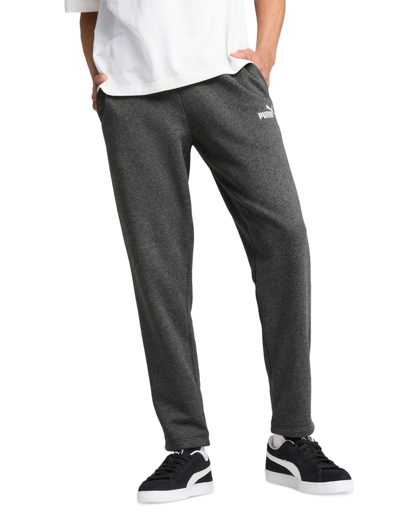 Мужские брюки Puma Logo Fleece Open Bottom Regular-Fit Sweatpants, цвет: Тёмный серый меланжевый — фото 1