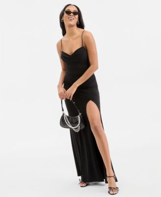 Juniors' Spaghetti Strap Cowlneck Slit Gown 