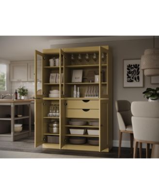 100% Solid Wood Pantry Cabinet, Shaker & Clear Glass Doors, 2 Drawers, Adjustable Shelves, 48.5" Wide, 71.5" Tall