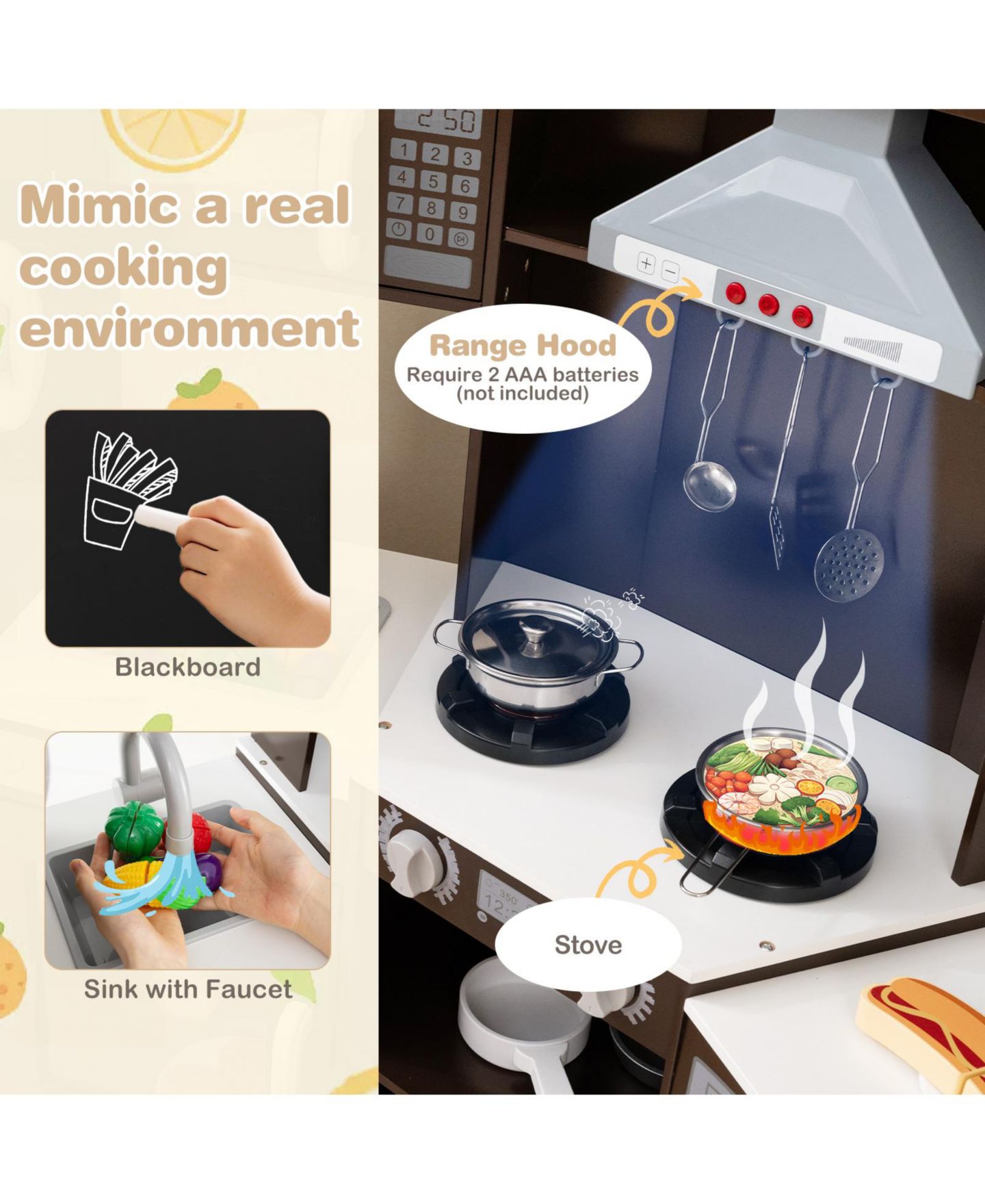 Детские игрушки SKONYON Wooden Corner Multi-Piece Play Kitchen Set with Lights and Sounds, Ages 3+, цвет: Коричневый — фото 7