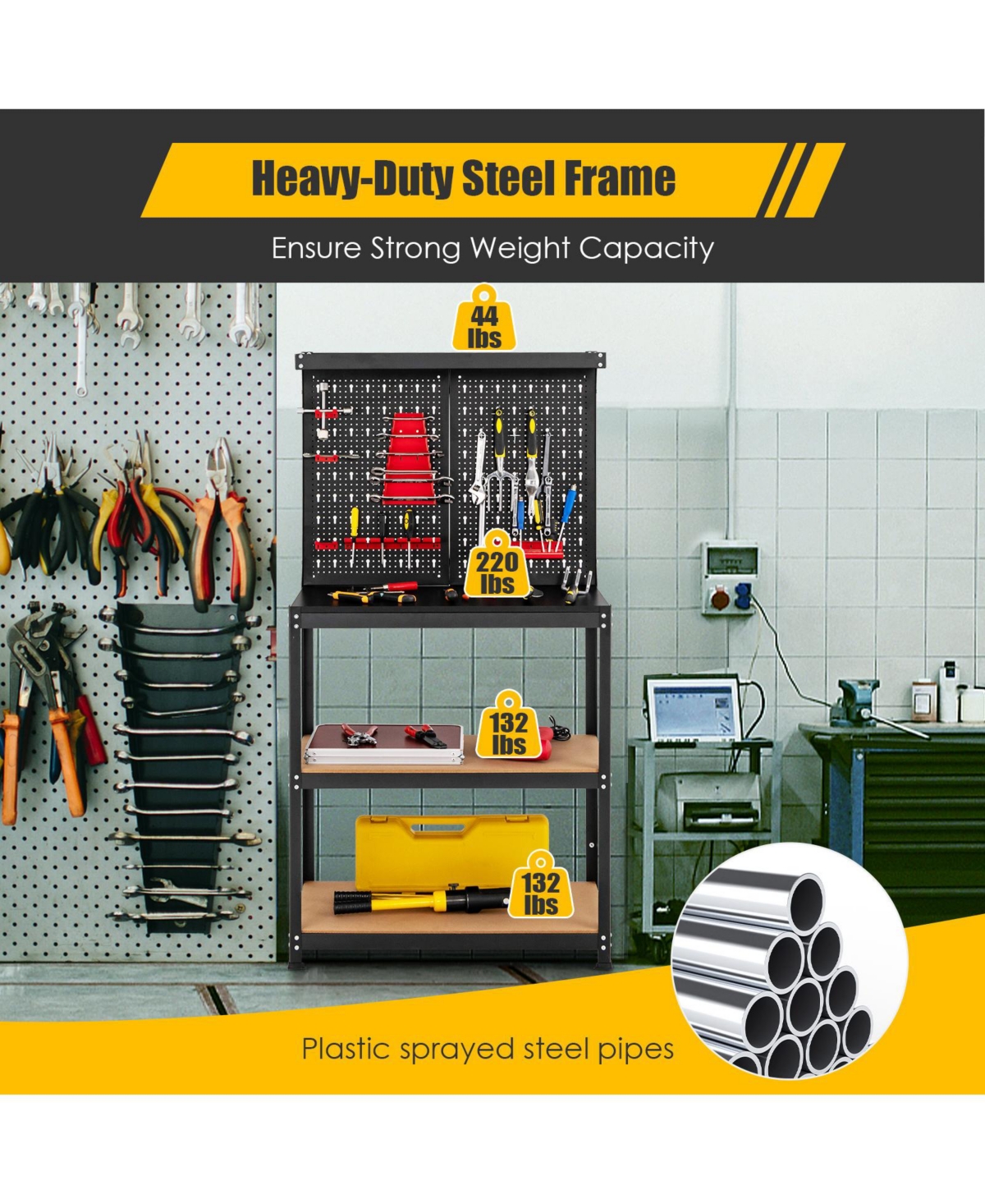 Sugift Tool Storage Workbench with Peg Board 2 Lower Shelves 14 Hanging Accessories