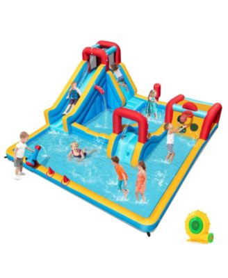 9-in-1 Inflatable Double Water Slide Park with Obstacle Course and 680W Blower