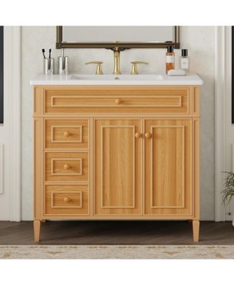 36" Bathroom Vanity with Sink, Wood Vanity Cabinet with Flip-Out Drawer, Solid Wood & MDF, Elegant Rubber Wood Handles