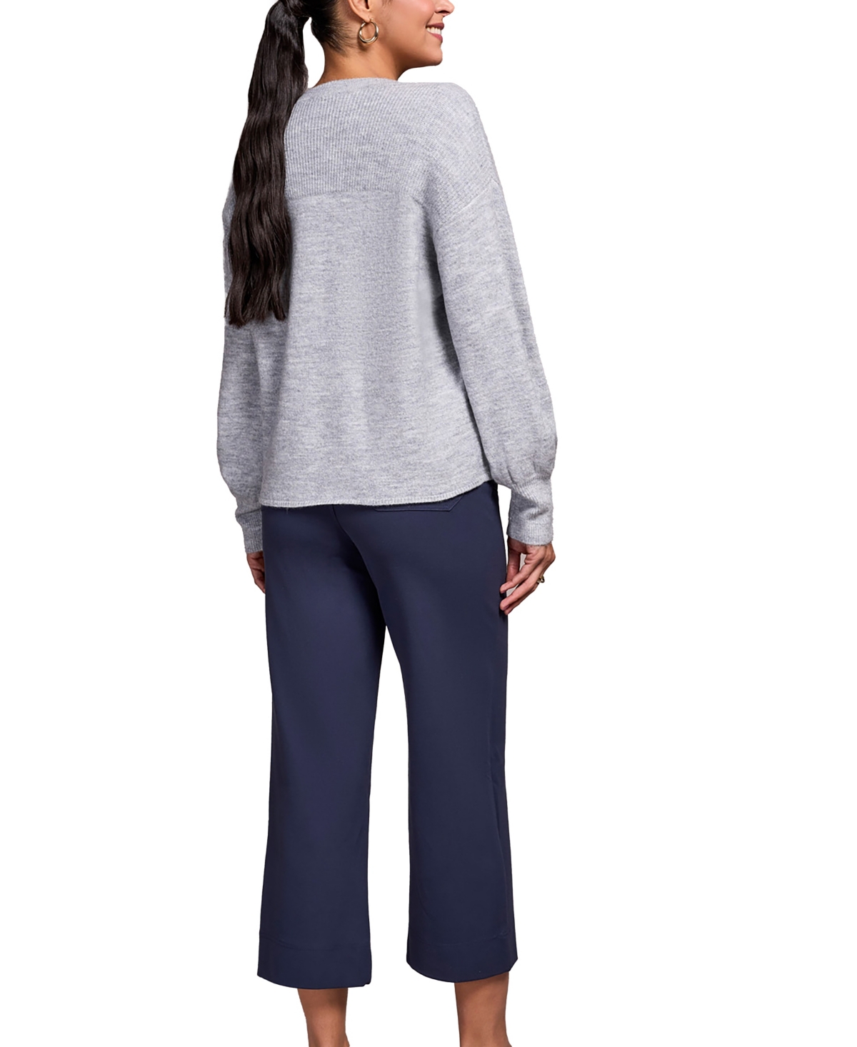 Tribal Women's Mandarin Collar Long Puff Sleeve Sweater In Gray