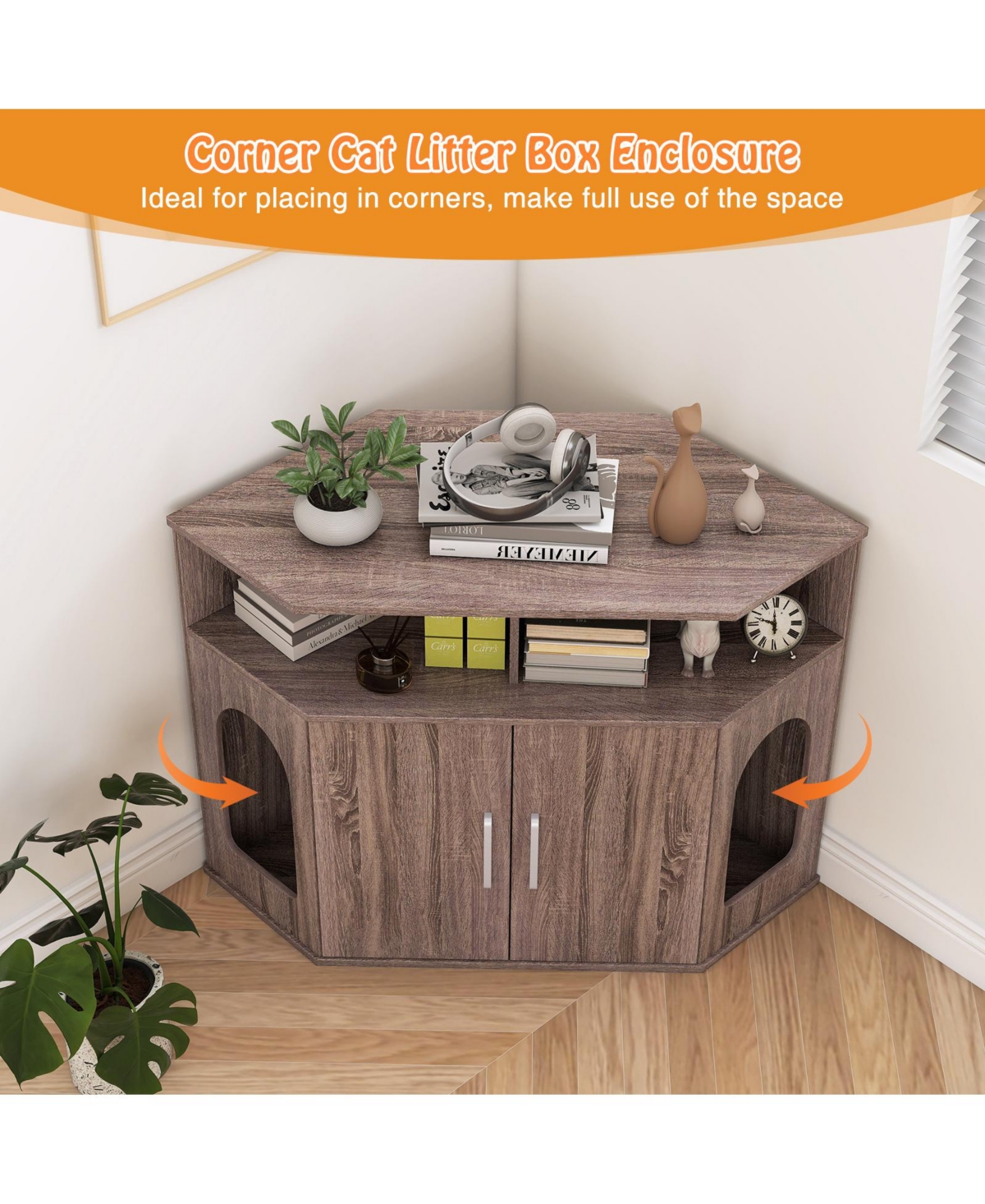 Gymax 3-Tier Modern Corner Cat Litter Box Enclosure w/ Storage Shelves Double Doors