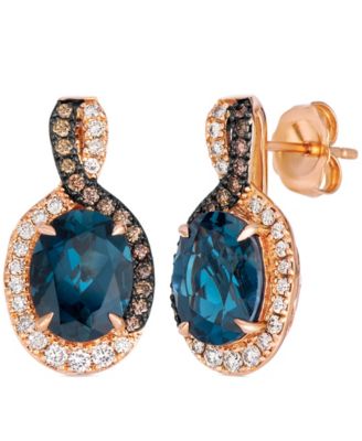 London Blue Topaz (4 ct. t.w.), Nude Diamond (0.25 ct. t.w.), and Chocolate Diamond (0.19 ct. t.w.) Earrings in 14k Strawberry Gold