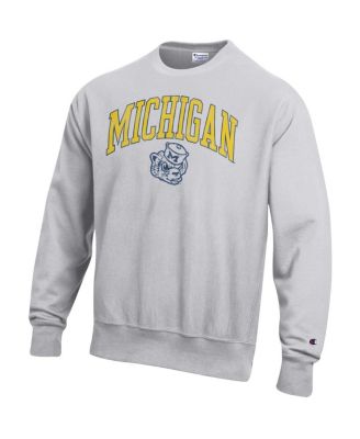 Men's Gray Michigan Wolverines Distressed Arch Over Logo Reverse Weave Crew Neck Sweatshirt