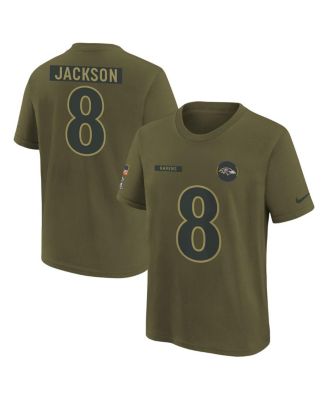 Nike - Big Boys and Girls Lamar Jackson Olive Baltimore Ravens 2025 Salute to Service Name Number T-Shirt