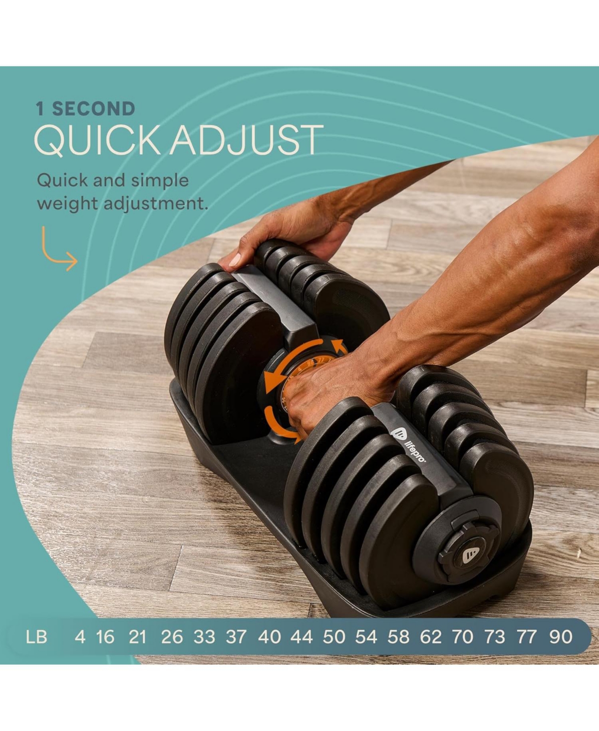 LifePro Single Adjustable Dumbbell – 4lb to 90lb Weight Range, Compact Design for Home Gym, Versatile Fitness Equipment