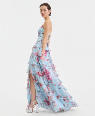 Juniors' Corset-Bodice Ruffled Gown