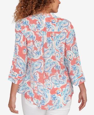 Petite Paisley Silky Gauze Button Front Top