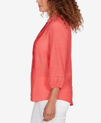 Petite Solid Silky Slub Pleated Button Front Top