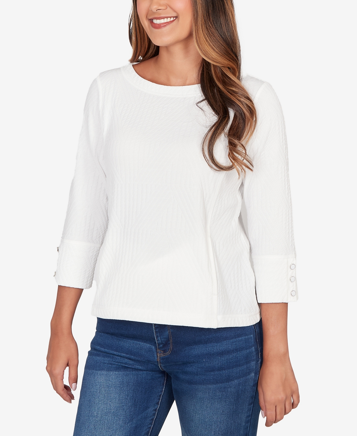 Ruby Rd. Petite Abstract Textured Pucker Knit Boxy Top In White