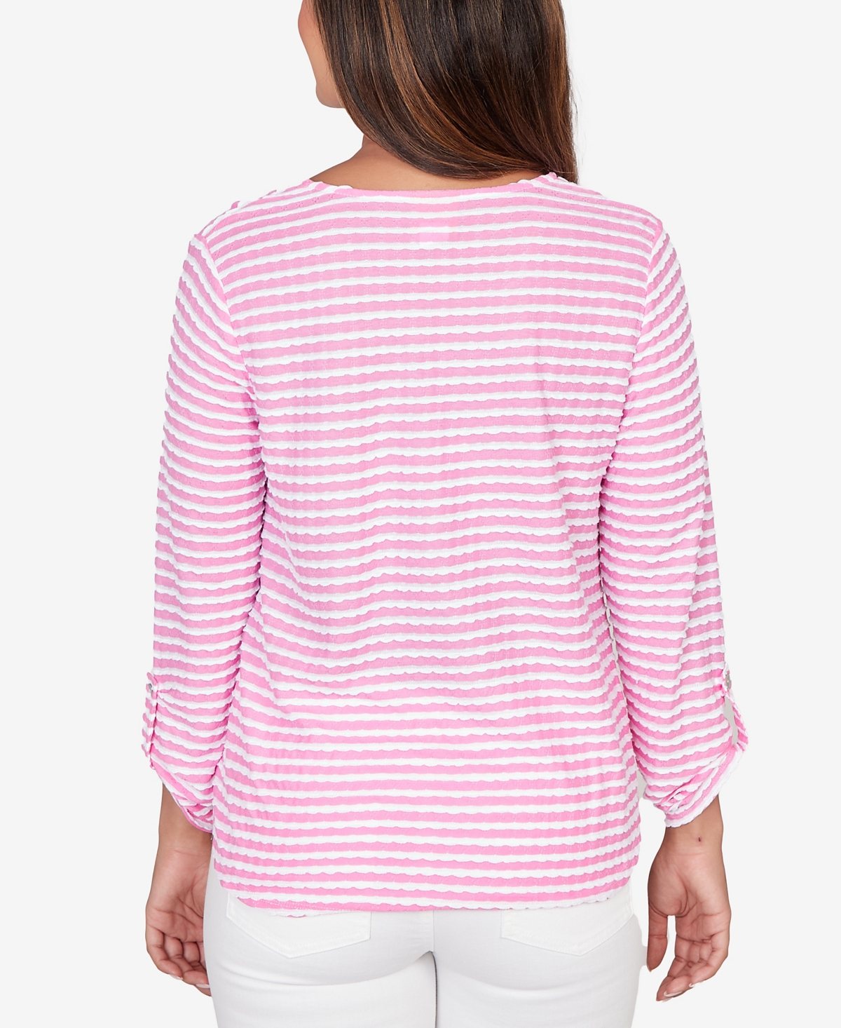 Ruby Rd. Petite Mitered Scallop Stripe Tunic Top In Brown