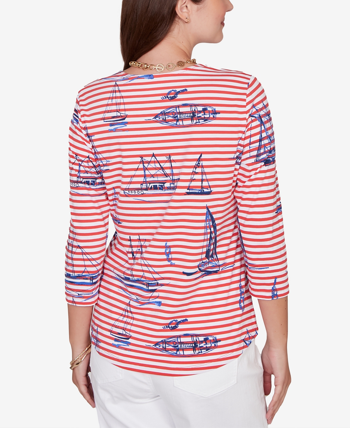 Ruby Rd. Petite Striped Sailboat Knit Top In Red
