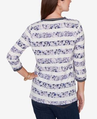 Petite Floral Stripe Twist Front Knit Top