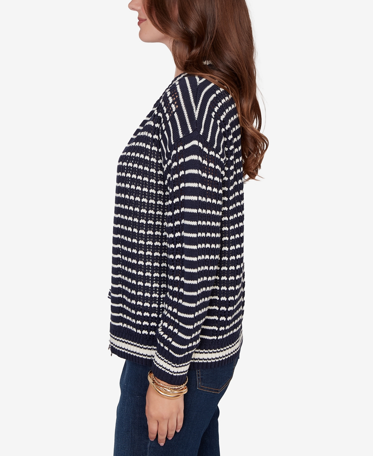 Ruby Rd. Petite Mesh Stitch Zip Sweater Jacket In Blue