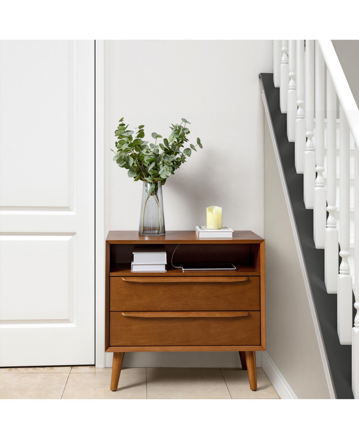 Hulala Home Kay Mid-century Modern 2 - Drawer Nightstand with Built-In Outlets