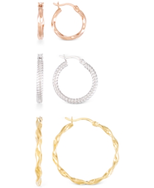 image of 3-Pc. Set Textured Round Hoop Earrings in 14k Rose, White, & Yellow Gold Over Sterling Silver