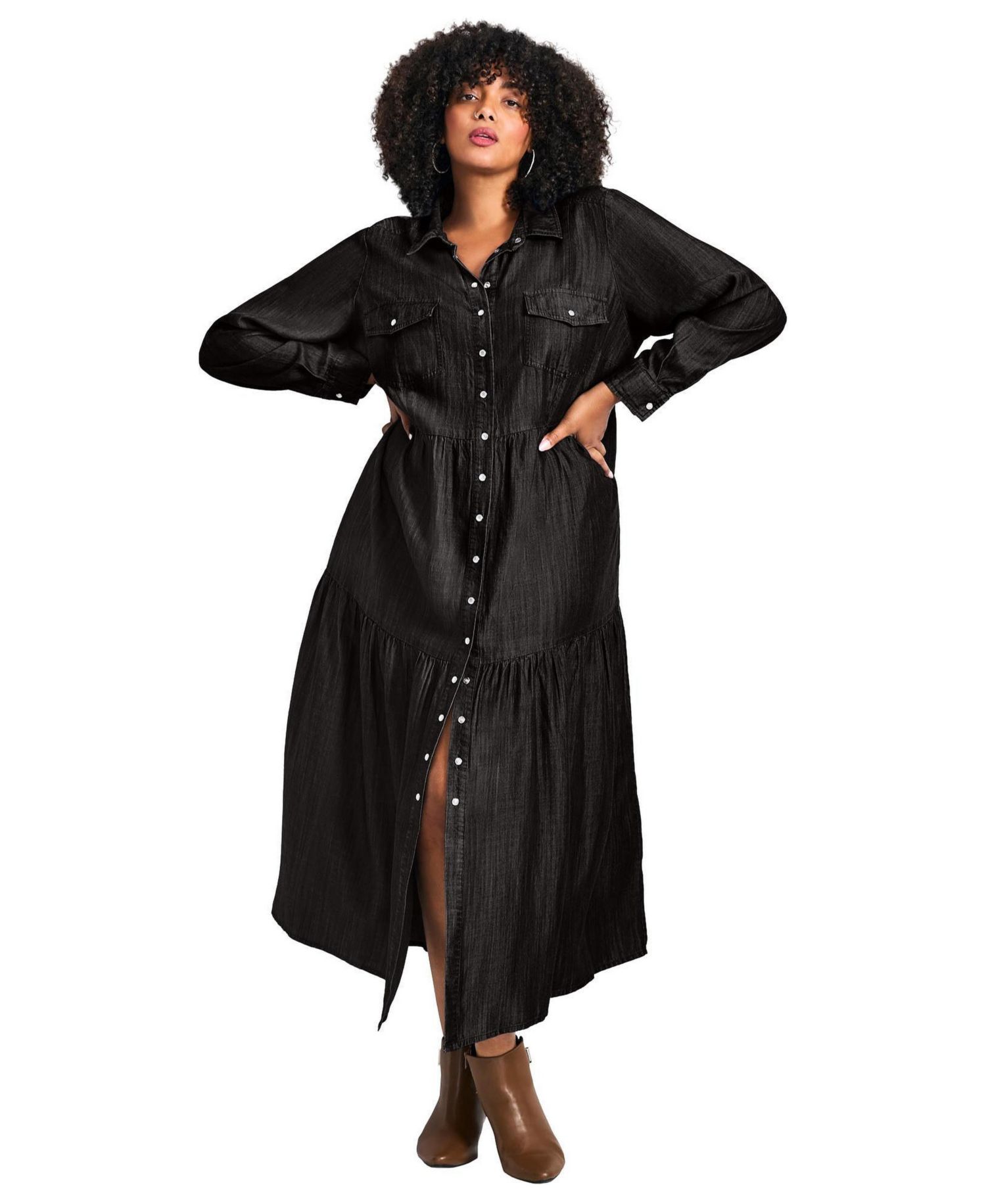 Women's Plus Size Denim Tiered Shirtdress