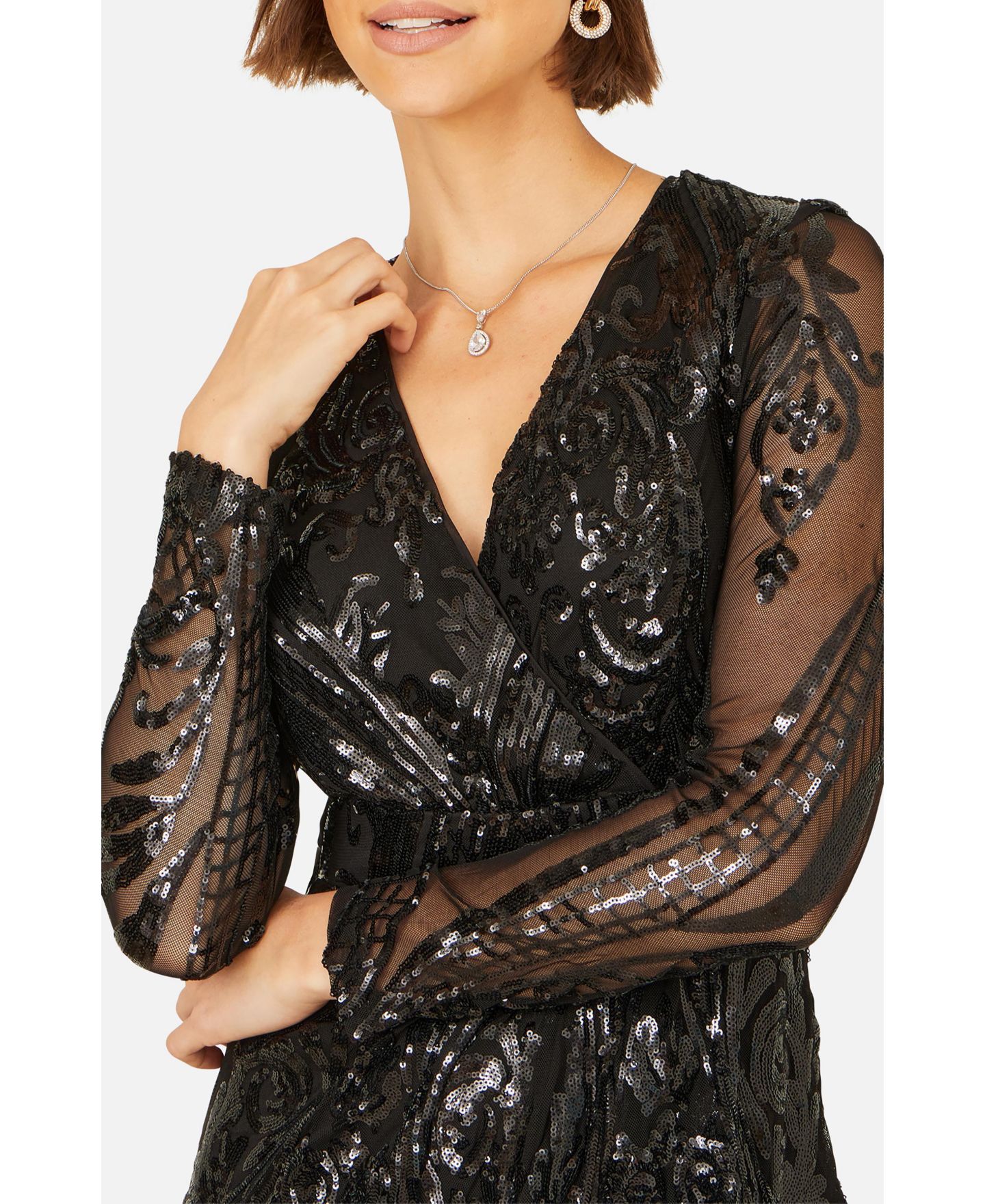 Женское платье Yumi Sequin Midi Long Sleeve Wrap, цвет: Чёрный — фото 8