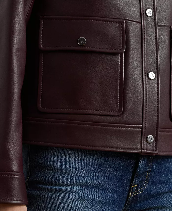Women's Buttoned Leather Jacket - thumbnail 9