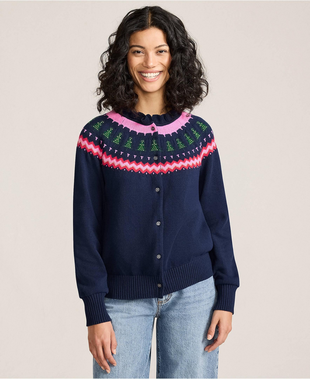 Lands' End Women's Drifter Lurex Ruffle Neck Jacquard Cardigan Sweater