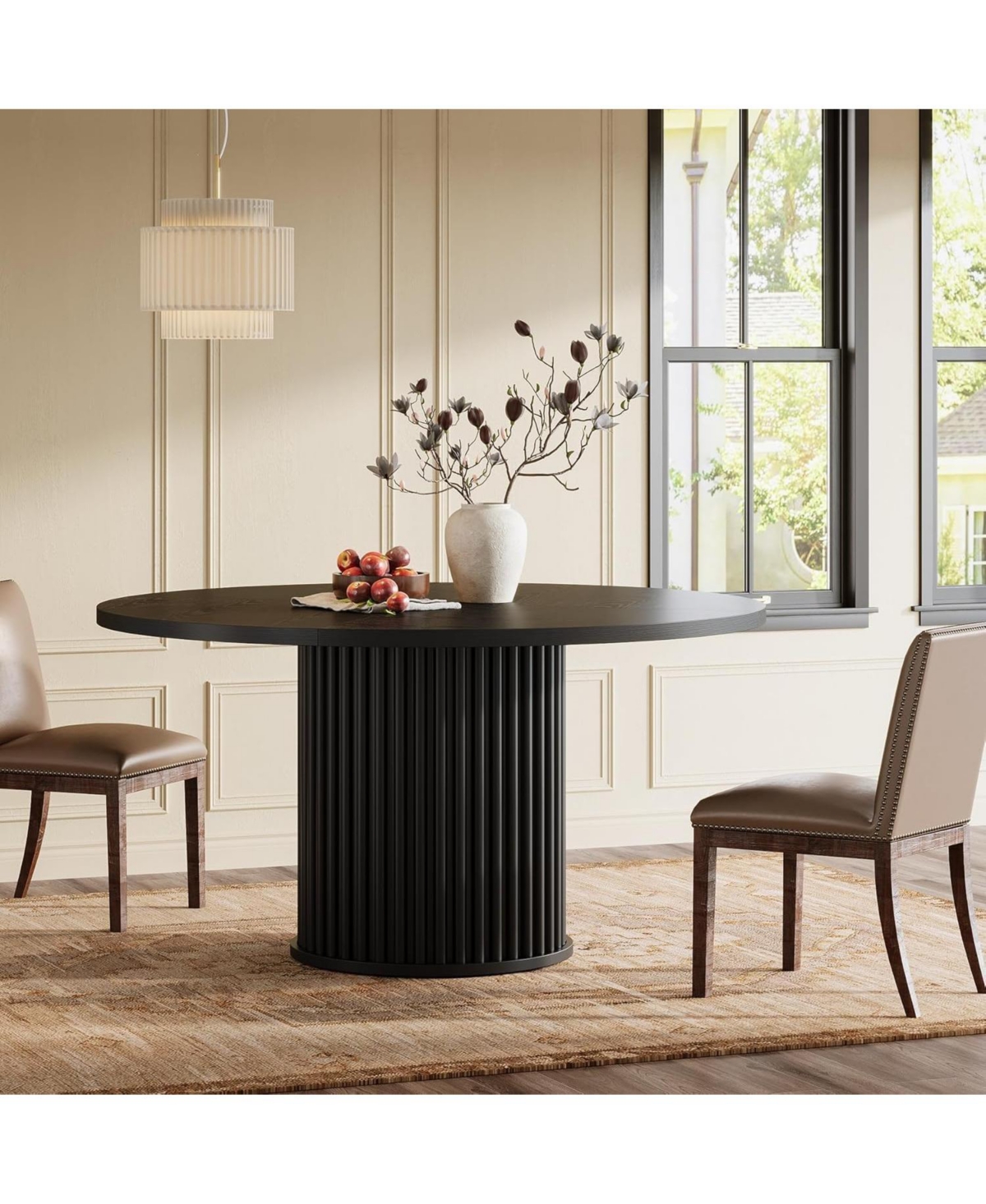 Tribesigns Black Round Dining Table for 4-6 People, Modern Fluted Mdf + Metal Base Kitchen Table (Only Table)