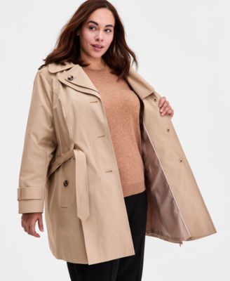 Plus Size Single-Breasted Hooded Belted Trench Coat