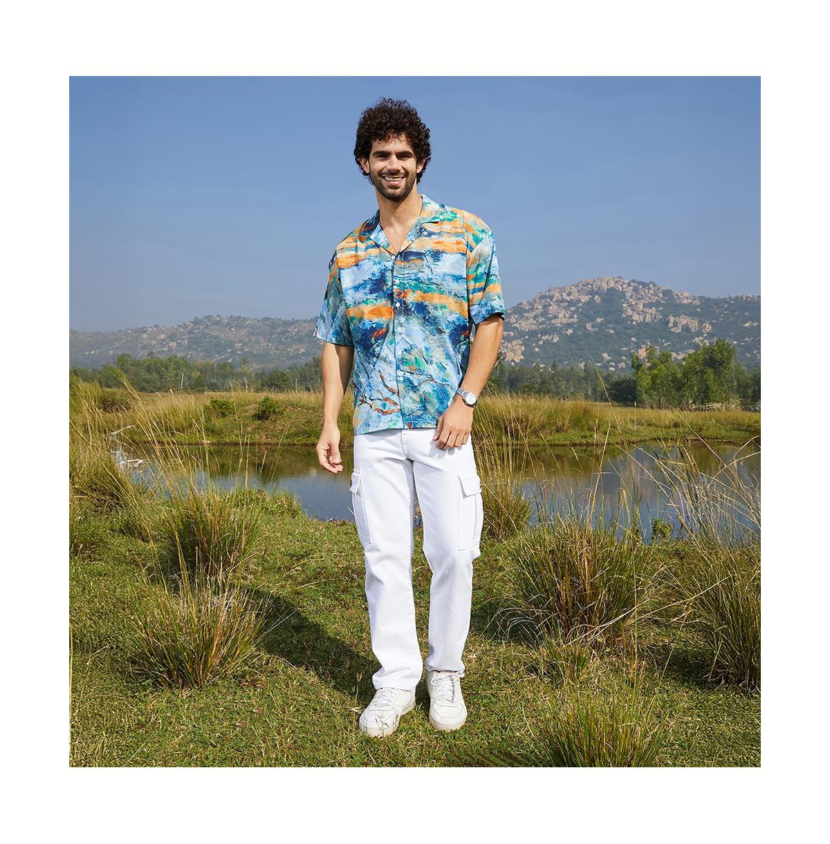 Campus Sutra Men's Sky Blue & Pumkin Orange Indie-Block Oversized Shirt