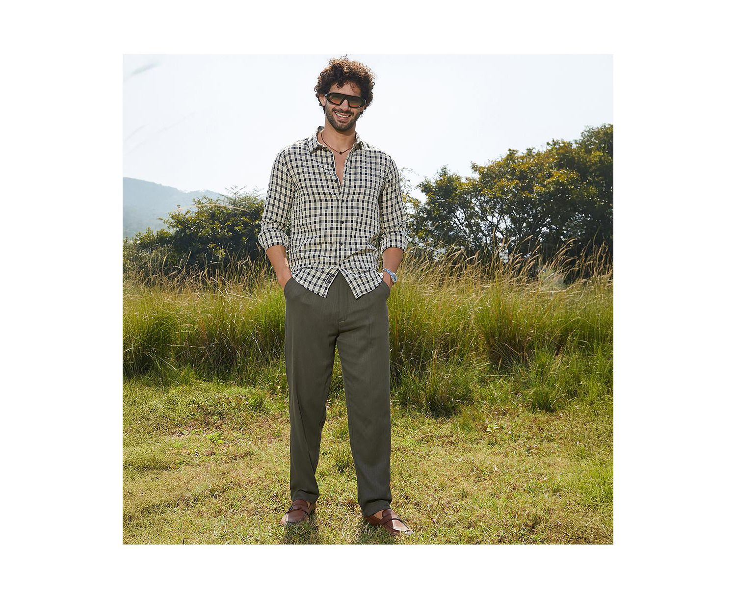 Men's Navy Blue & Cream White Glen Check Shirt