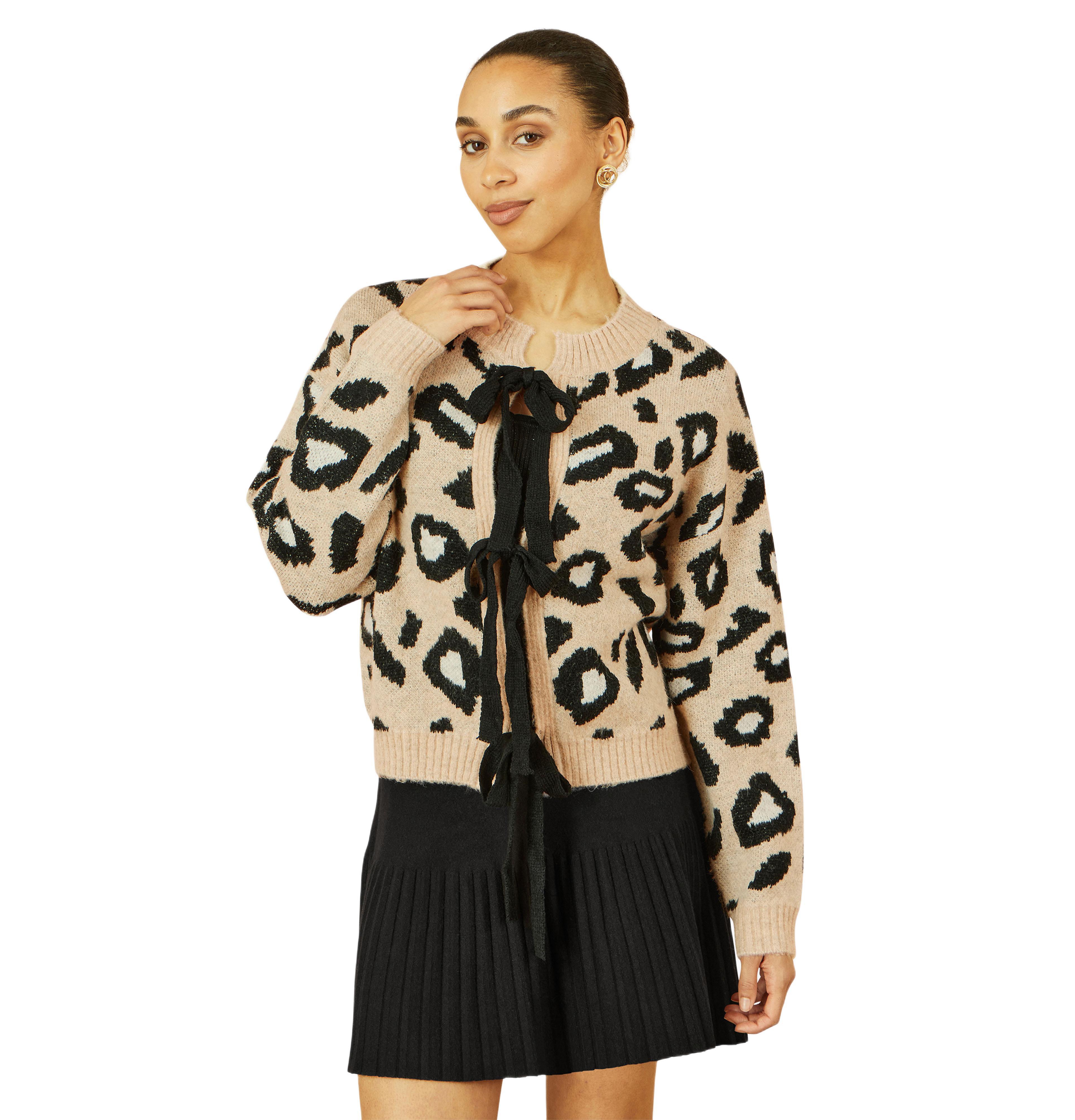 Yumi Women's Animal Print Intarsia Tie Front Cardigan