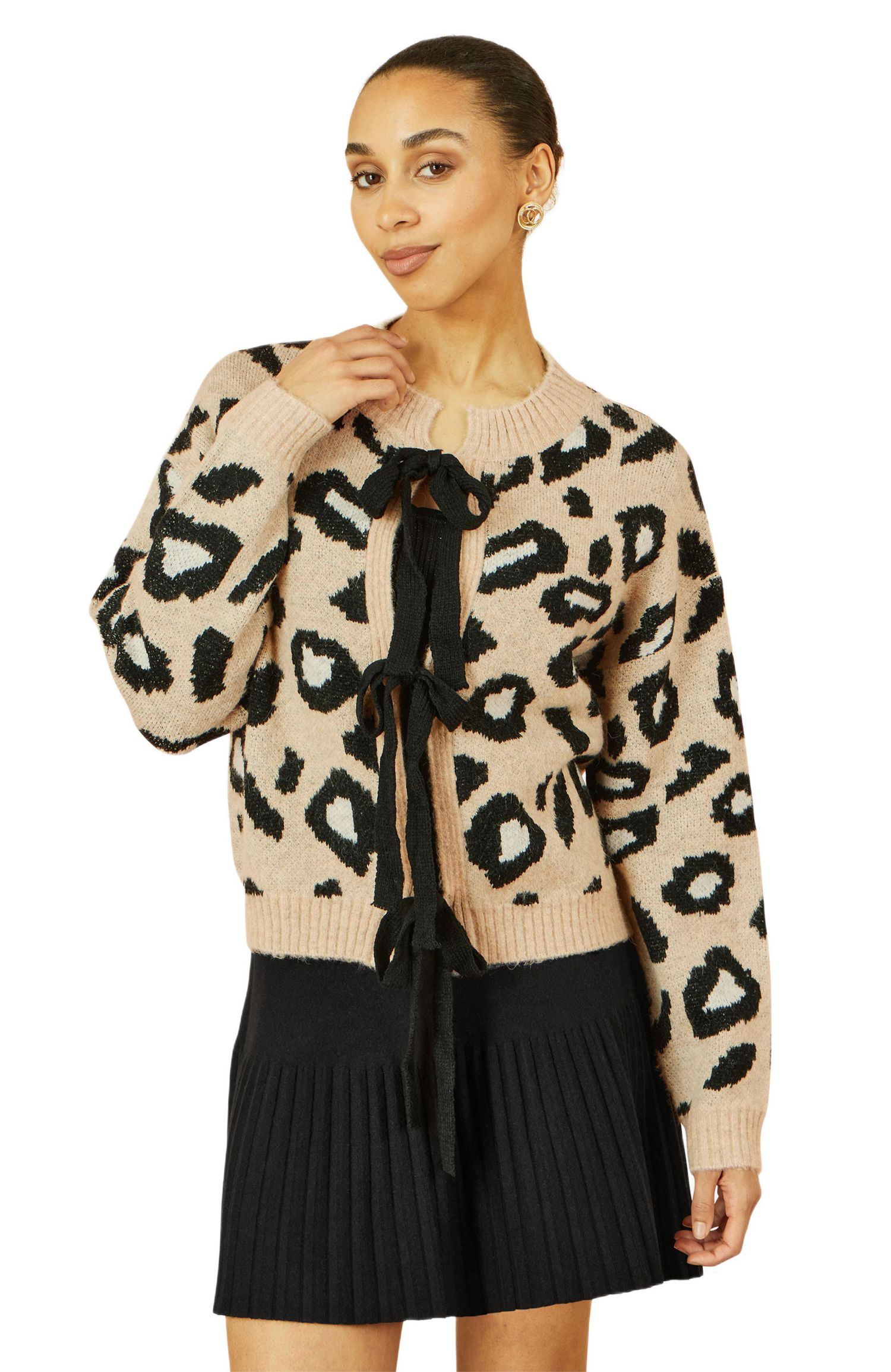 Women's Animal Print Intarsia Tie Front Cardigan
